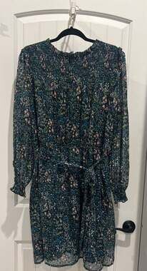 LOFT Floral Print Smocked Long Sleeve Midi Dress with Belt Size 14